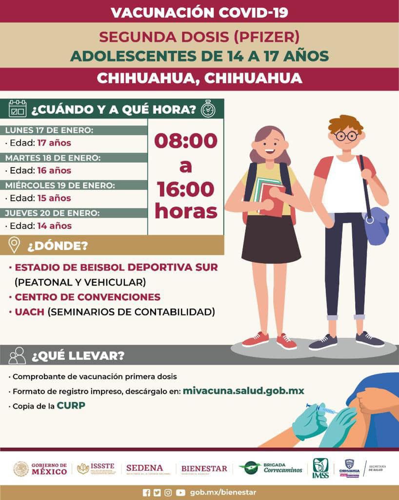 Hoy segunda dosis de vacuna COVID para adolescentes de 14 a 17 años