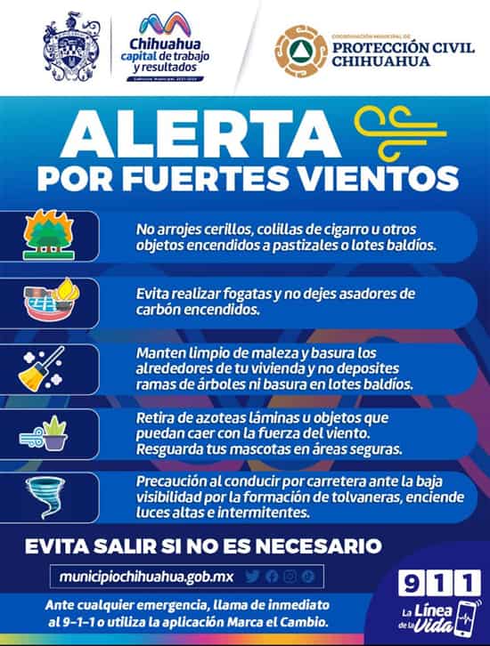 Reitera Protección Civil Municipal alerta por fuertes vientos este martes 4 de abril