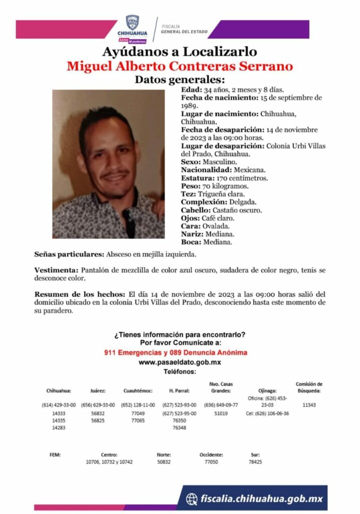 Buscan a Migel Angel Contreras Serrano desaparecido en Chihuahua