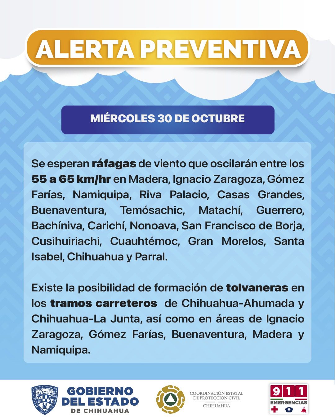 Alerta Protección Civil por fuertes vientos y descenso de temperaturas en las próximas horas