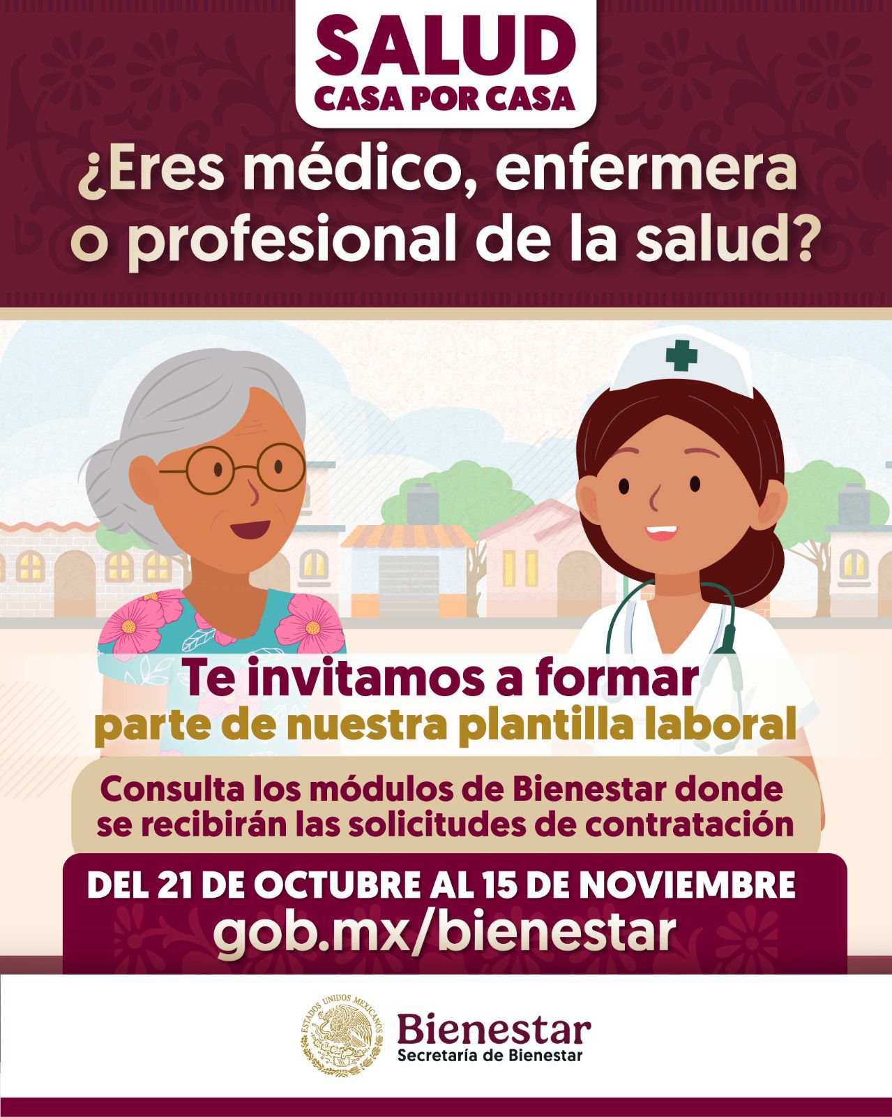 Bienestar abre convocatoria para contratar personal médico y de enfermería para programa Salud Casa por Casa