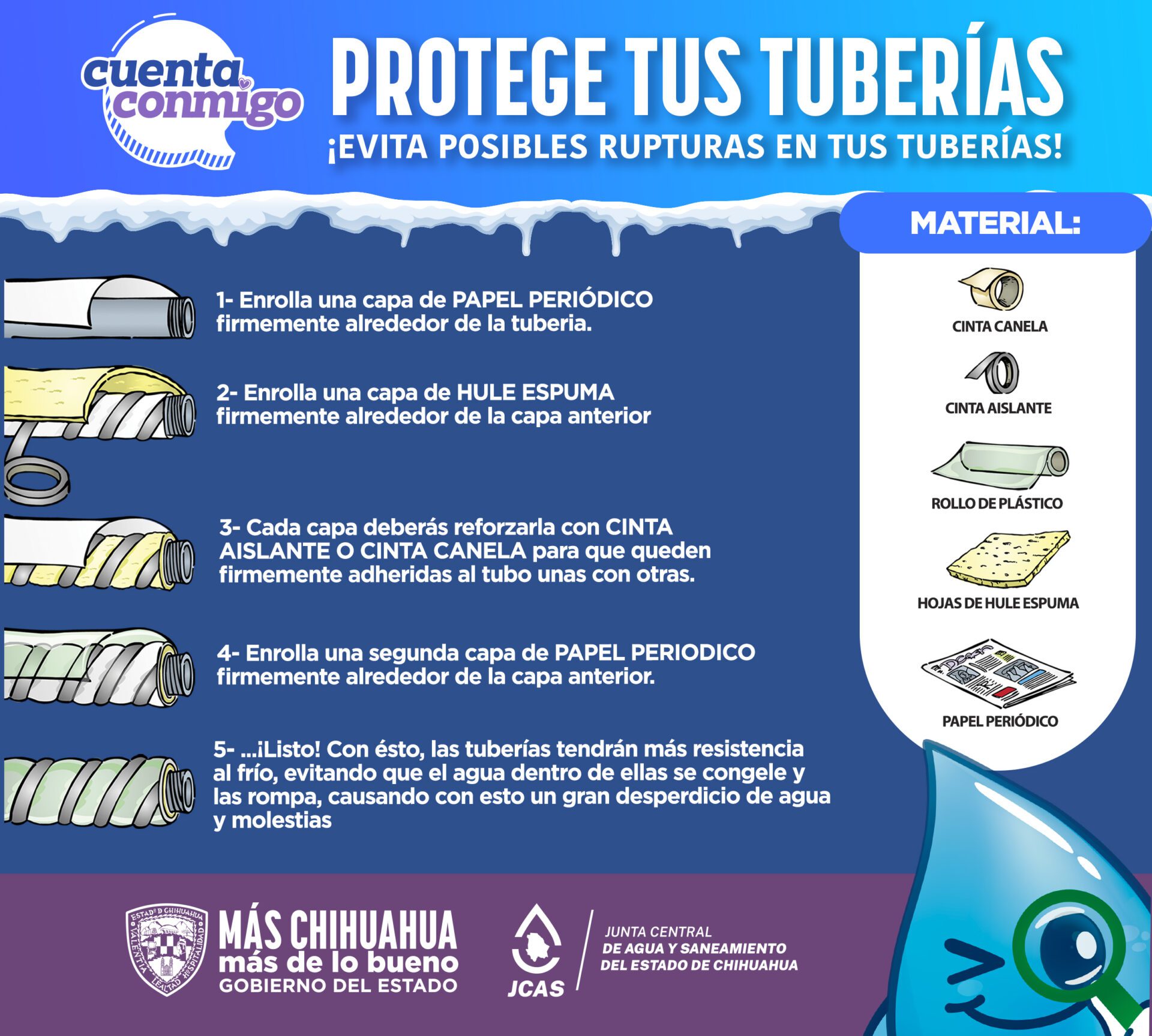 Recomiendan proteger tuberías para evitar congelamiento y roturas durante temporada invernal