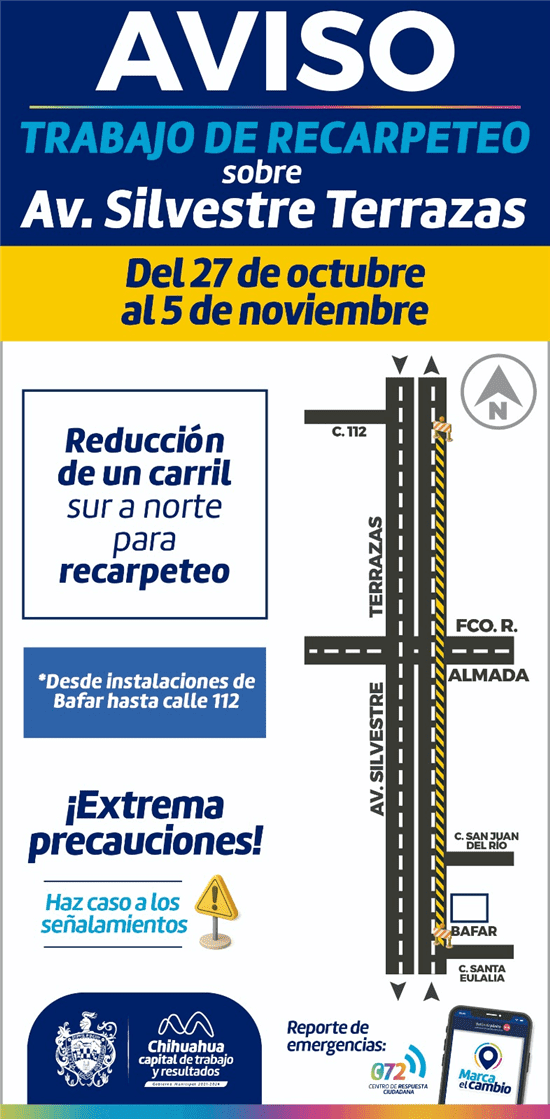 Trabajarán en recarpeteo en tramo de la avenida Silvestre Terrazas-Carretera a Cuauhtémoc