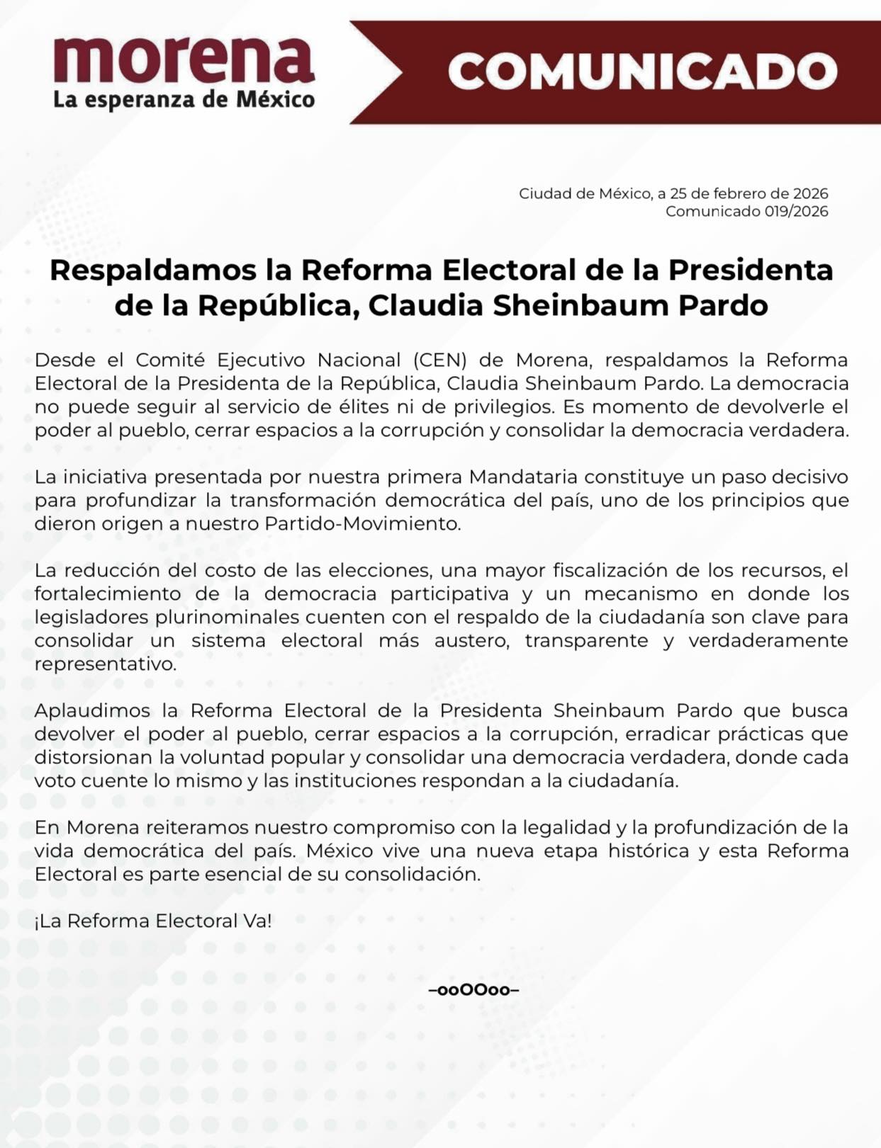 CEN de Morena respalda la reforma electoral de la presidenta