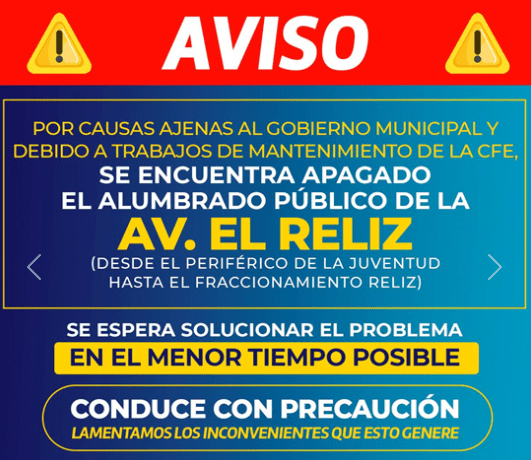 Alumbrado público en Zona Reliz está apagado temporalmente por mantenimiento de CFE