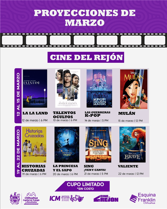 Disfruta de películas sin costo, consulta la cartelera del Cine del Rejón en marzo