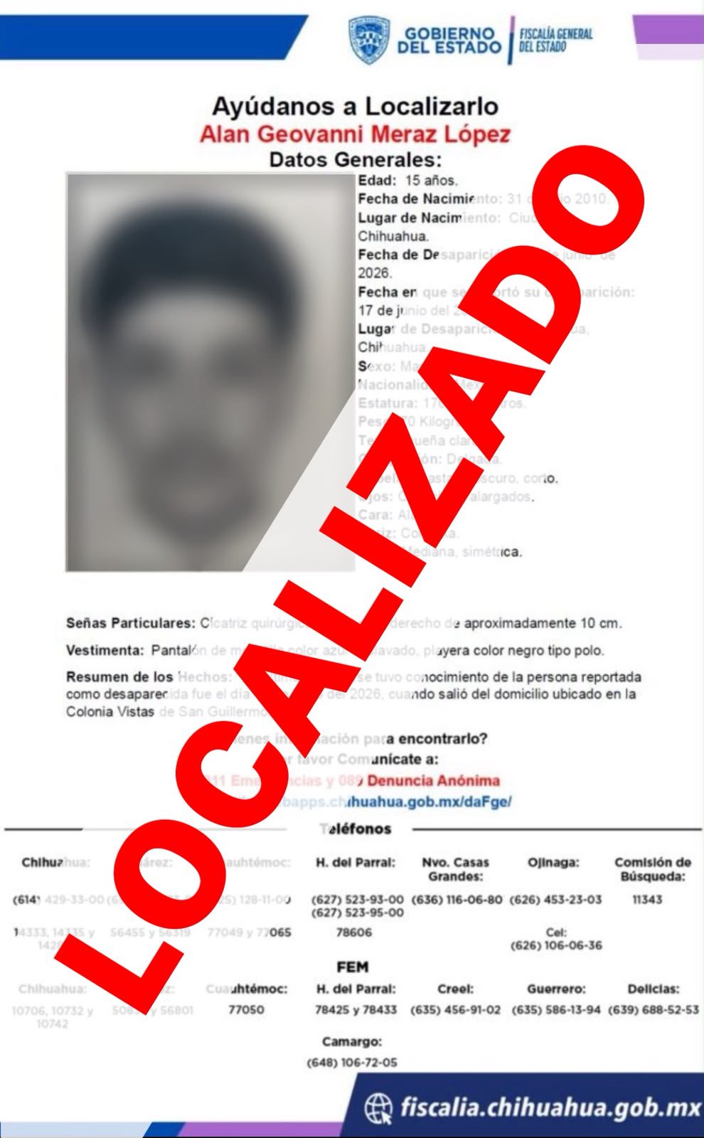 Localizan a un adolescente con reporte de ausencia en la ciudad de Chihuahua